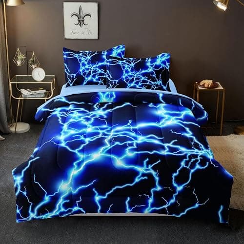 Leaflin Twin Size Bed in A Bag Lightning Bedding Set for Boys Blue Comforter with Sheet Set, 5 Pieces Kids Teen Cool Quilt Bedding Set thumbnail 3