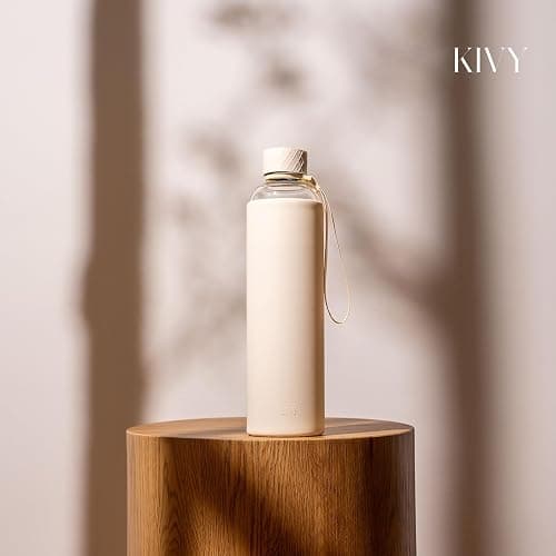 KIVY Glass Water Bottle with Silicone Sleeve 32 oz [WITH MEASUREMENT] - Borosilicate Glass Water Bottle Screw Top - Clear Bottles with Measurement Marking - Slim Waterbottle Aesthetic - Cream White - 32 Ounces - Cream White thumbnail 8