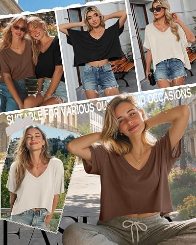 Huukeay 3 Pack Oversized T Shirts for Women Short Sleeve Crop Tops V Neck Irregular Hem Baggy Cropped Tees thumbnail 5