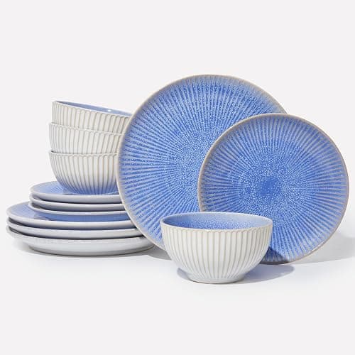 Pokini Ceramic Dinnerware Sets, Handmade Reactive Glaze Plates and Bowls Sets, Highly Chip and Crack Resistant Dish Set, Distinctive Granulated Surface Dishwasher & Microwave Safe Service for 4 - Image 1