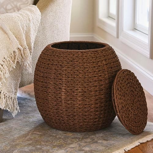 Household Essentials Handwoven Paper Rope Barrel Wicker Storage Basket Side Table, Brown - Brown Paper Rope - Paper Rope thumbnail 4