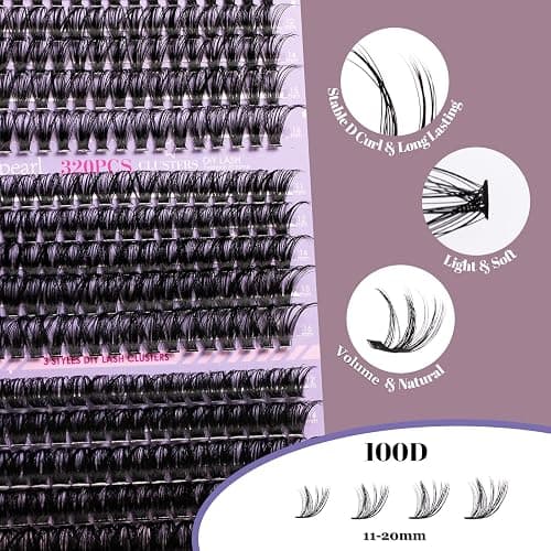 Ocean Pearl Cluster Lashes Kit 320PCS Individual Eyelashes 40D+50D+100D Eyelash Extension Kit 11-20mm False Eyelashes DIY Lash Extension Natural Lash Clusters with Super Bond&Seal&Remover&Tweezer-100D thumbnail 3