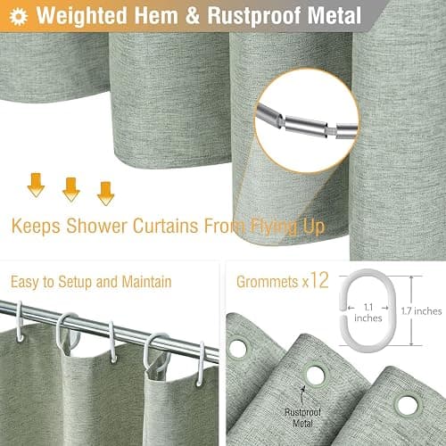 BTTN Fabric Shower Curtain, Linen Textured Heavy Duty Polyester Cloth Shower Curtain Set with Plastic Hooks, Sage Green, 72x84 thumbnail 5