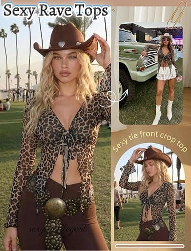 Avidlove Women Mesh Crop Top Y2K Tie Front Tops Rave Top Sheer Cardigan | Plunge tie front top, lettuce trim edge, flared cuff sleeve, soft sheer mesh, chic edgy look, rave club party vacation outfit thumbnail 2