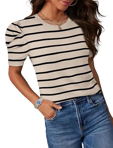 SAMPEEL Short Puff Sleeve Sweaters for Women Knit Tops 2026 Trendy Crewneck Striped T Shirts Casual Summer Blouses thumbnail 2