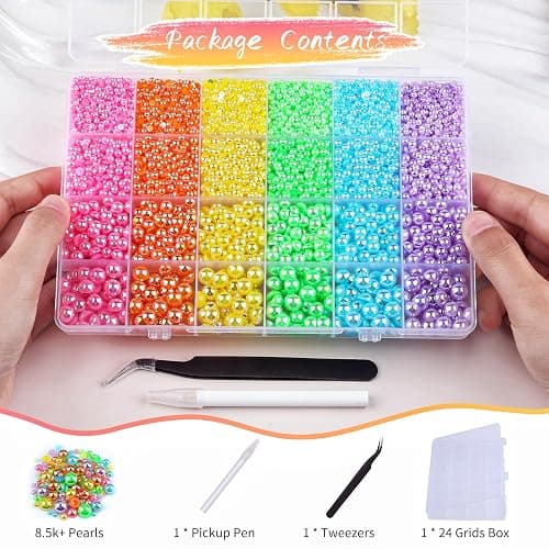 Kikonoke 8500PCS Rainbow Flatback Pearls Set, 3/4/6/8mm Pink Purple Blue Half Round Pearls Bedazzling Bead with Tweezer and Pickup Pen for Nail Art Wedding Tumbler DIY Crafts thumbnail 2