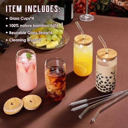 Drinking Glasses with Bamboo Lids and Glass Straw 4pcs Set - 16oz Glass Cups, Iced Coffee Glasses, Cute iced Tea Glasses, Beer Glasses, Ideal for Coffee Bar Accessories, Aesthetic Gift - 2 Brushes thumbnail 4