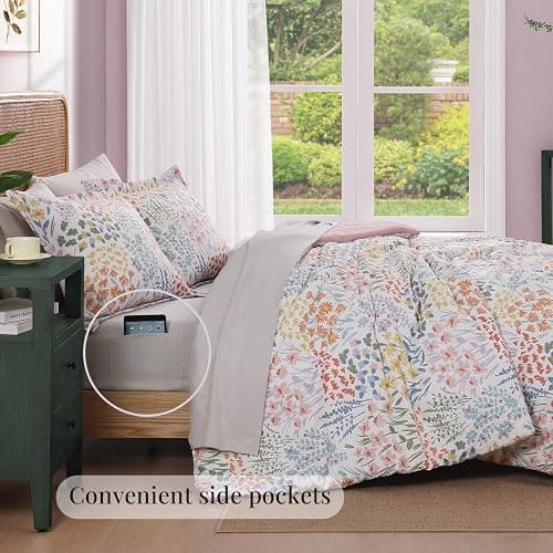 CASAAGUSTO Full Comforter Set, 7 PCS Pinkish Floral Comforter Set with Flowers Leaves Pattern, Soft Seersucker Design All Season Full Size Bedding Set(80"X90") thumbnail 4