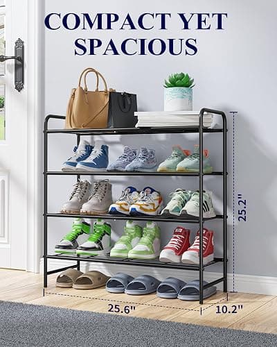 Kitsure Shoe Rack - Stainless Steel Shoe Organizer, Sturdy Shoe Rack for Closet and Front Door Entrance, Free Standing Shoe Shelf, Closet Organizers and Storage, 25.6" Wide - 4 Tier, Black thumbnail 2