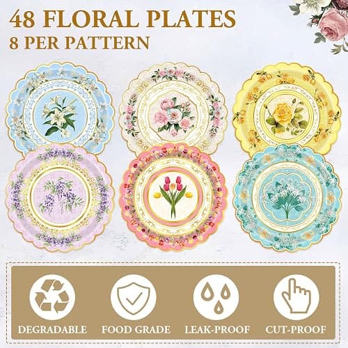 Oevbexos 48-Pack Floral Paper Plates, Tea Party Decorations, 9 Inch Disposable Floral Plates for Tea Party, Father's Day, Bridal Shower, Birthday, Wedding and Baby Shower thumbnail 4