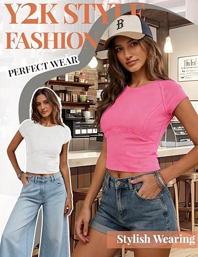 Aimiray Crop Tops for Women Short Sleeve Basic Baby Tee Y2K Top 2 Pack Fitted Cotton Summer Slimming Workout T Shirts Trendy thumbnail 2