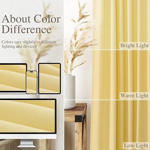 Yellow Linen Blend Drapes 84 Inch Length 2 Panels Set Back Tab Rod Pocket Light Filtering Privacy Semi Sheer Textured Curtain Neutral Farmhouse Decor for Living Room Bedroom Curtains 52x84 thumbnail 4