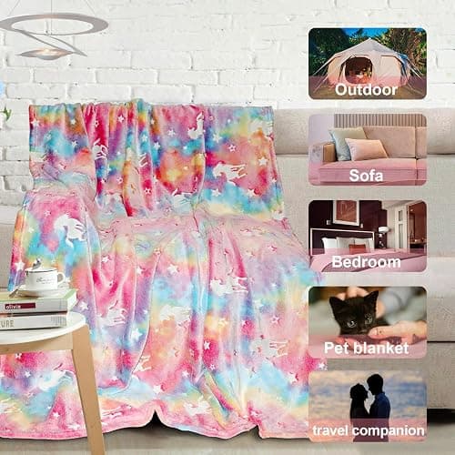 TEHALK Unicorn Glow in The Dark Blanket for Girls/Kids, 60% Polyester/40% Flannel, 40"x60", Pink, Cartoon Unicorn with Star thumbnail 7