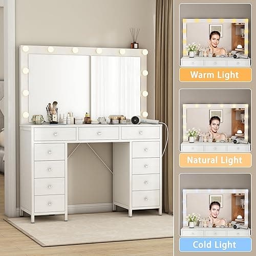44.1" Vanity Desk with Power Outlet, Makeup Vanity with Mirror and 14 LED Light, 3 Lighting Modes,11 Drawer Vanity Table with Jewelry Storage, Cloth Drawer for Bedroom, White thumbnail 3