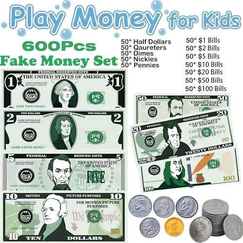 600 Pcs Fake Money for Kids - Realistic Play Money Bills & Plastic Coins - Math Manipulatives & Classroom Currency Set for Grocery Store, Bank, & Board Games - Educational Counting Toy, Ages 3+ thumbnail 3