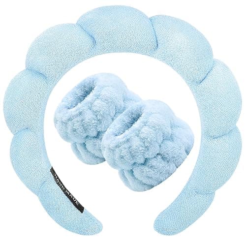 Zkptops Spa Headband for Washing Face Wristband Set Sponge Makeup Skincare Headband Terry Cloth Bubble Soft Get Ready Hairband for Women Girl Puffy Padded Headwear Non Slip Thick Hair Accessory(Blue) - Image 1