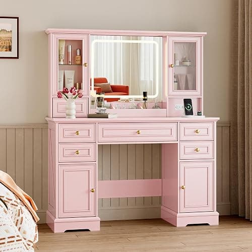 BORNOON Vanity Desk with Lights, Large LED Mirror with 3 Color Modes, Makeup Vanity with Power Outlet & USB Ports, 6 Drawers & 2 RGB Glass Cabinets, Farmhouse Dressing Table for Women & Girls (Pink) - Pink thumbnail 6
