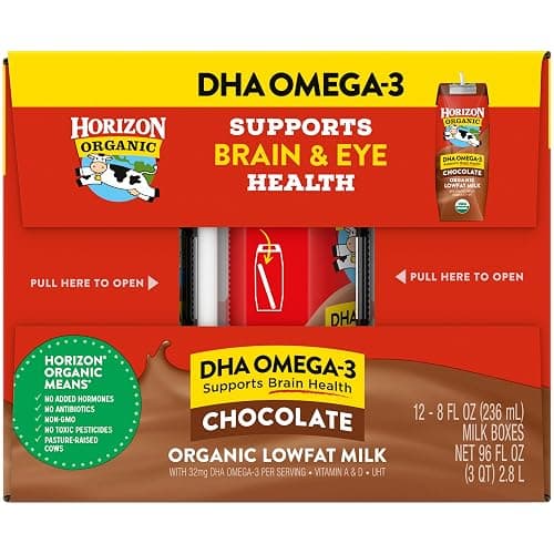 Horizon Organic Shelf Stable 1% Lowfat DHA Omega-3 Chocolate Milk Boxes, 8 fl oz, 12 Count - 8g Protein per Serving, USDA Organic UHT from Pasture-Raised Cows, Ready to Drink for Lunchbox, Travel, or On-the-Go, No Refrigeration Needed thumbnail 8