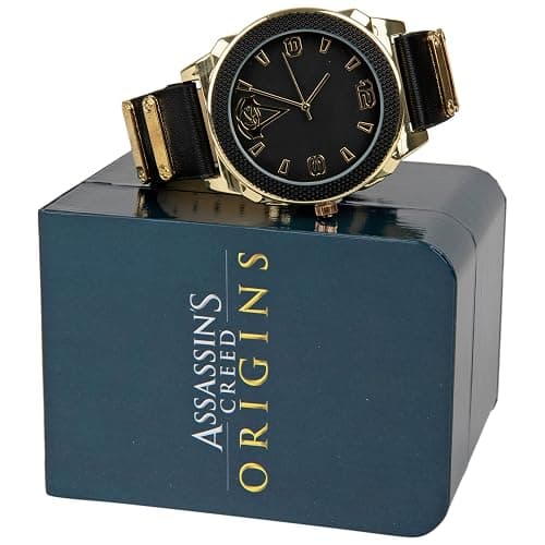 Accutime Assassin's Creed Men's Analog Watch in Black and Gold with Faux Leather Wrist Band Buckle Close thumbnail 3