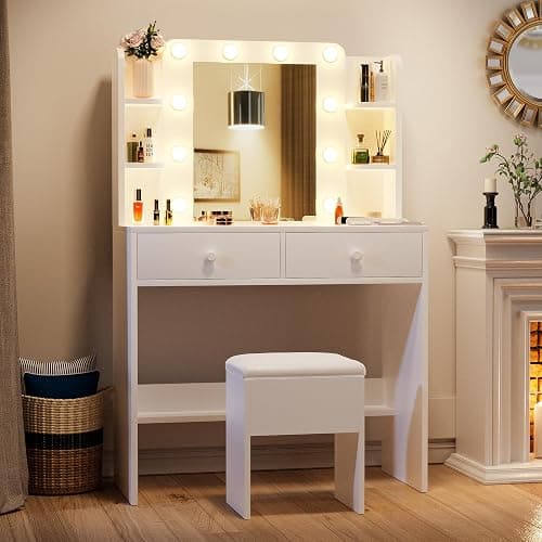 Haewon Vanity Desk with Lighted Mirror and Power Outlets, Makeup Vanity Set with Storage Drawer, Shelves and Chair, White Dressing Table with 3 Color Lighting Modes for Bedroom thumbnail 8