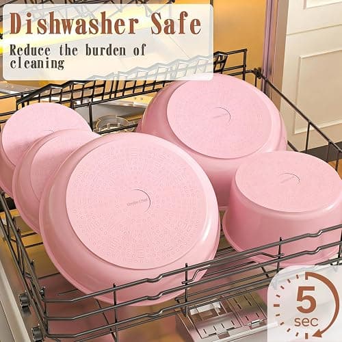 Umite Chef Pots and Pans Set Non Stick, 21 pcs Nonstick Ceramic Cookware Set, RV Kitchen Cooking Set with Detachable Handles, Oven Safe, Induction Cookware, Stackable, Pink, PFAS PFOA & PTFE Free thumbnail 7