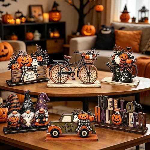 Halloween Decor Indoor, Halloween Table Decorations Indoor for Home | 6 Pcs Halloween Pumpkin Gnome Ghost Decorations Farmhouse Wooden Halloween Party Centerpiece Signs Decor for Kitchen Office thumbnail 3