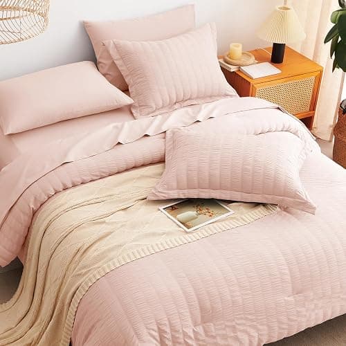CozyLux Queen Comforter Set Blush Pink Seersucker 7 Pieces Bed in a Bag Queen Comforter Set with Sheets, Luxury Soft Bedding Set with Down Alternative Comforter, Sheets, Pillowcases & Shams All Season thumbnail 6