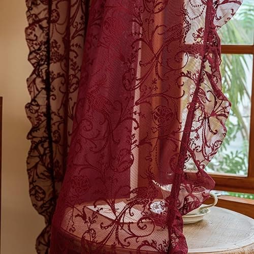 TUDECO Burgundy Sheer Curtains 84 Inches Long for Living Room - Luxury Modern Maroon Lace Curtains for Bedroom, Aesthetic Tulle Rod Pocket Light Filtering Farmhouse Red Drapes, 59 x 84 Inch, Dark Wine thumbnail 5
