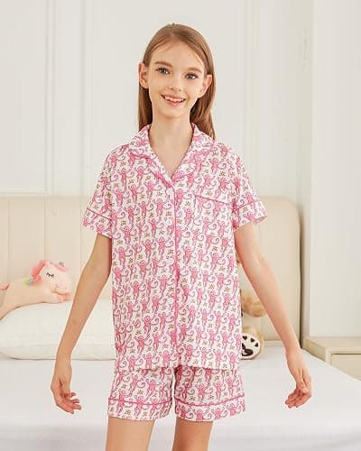 HMPEAIIY Cute Monkey Pajamas Set for Girls, Kids Summer Button Down Matching Y2k Loungewear PJs Christmas Thanksgiving Gift thumbnail 5