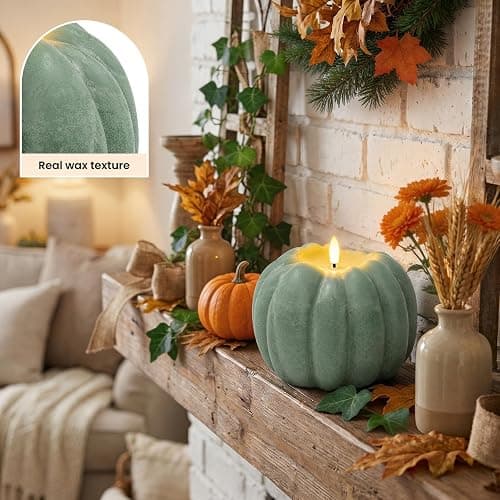 Sage Green Pumpkin Decor, Fall Decorations for Home - Sage Green Flameless Pumpkin Shaped Candle with Remote and Timer, LED Flickering Battery Operated Candle for Fall Decor, 5.31" W, 5.1" H thumbnail 3