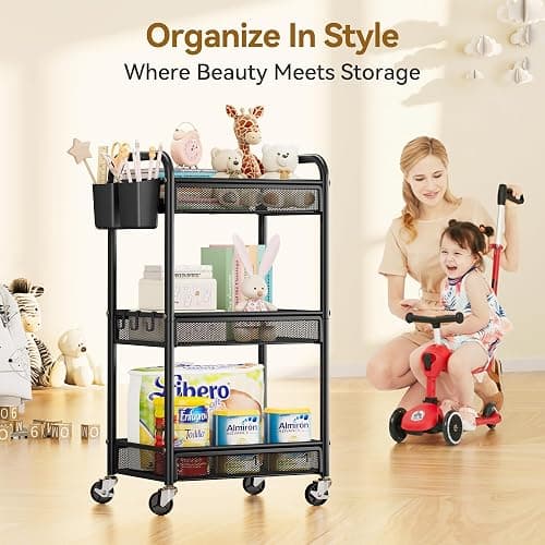 YASONIC 3 Tier Rolling Cart – Metal Utility Storage Carts with Wheels, Craft Cart Organizer with Hanging Cups, Hooks, Mesh Basket for Bedside Kitchen Office Art, Black thumbnail 7