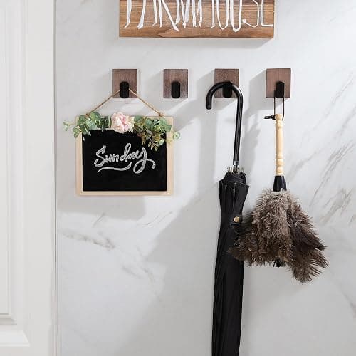 DELITON Adhesive Towel Hooks,Wall Hooks for bathrooms Without Drilling, Wood Wall Hooks for Hanging Robe, Towel, Bag Stick on Farmhouse Bathroom Bedroom Entryway 4 Packs Burned Brown thumbnail 6