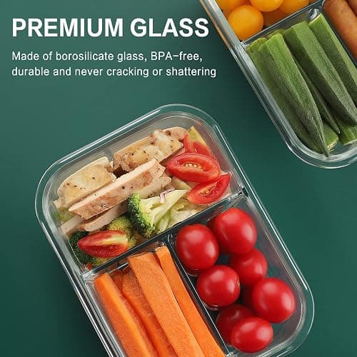8 Pack 3 Compartment 36oz Large Glass Meal Prep Containers with Lids | Borosilicate Glass Lunch Containers with Locking Lid, Airtight Bento Box, Snack Boxes, Portion Control, BPA-Free thumbnail 7