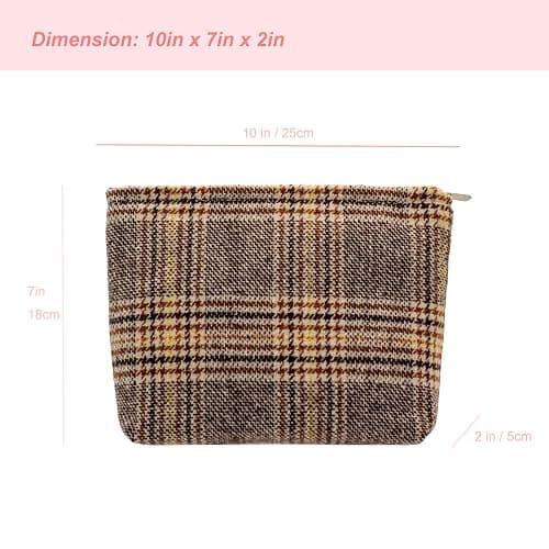 Makeup Bags for Purse Zipper Cosmetic Pouch Large Travel Canvas Make Up Organizer Tool Pouch for Women and Girls,Plaid Brown thumbnail 3