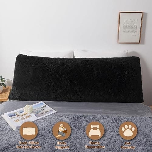 MEGO Luxury Fluffy Body Pillow Cover, 20x54 Shaggy Faux Fur Body Pillow Case, Black Soft Plush Fuzzy Body Pillowcase, Decorative Furry Long Bed Pillow with Zipper Closure Hug Pillow for Bedroom Black thumbnail 2