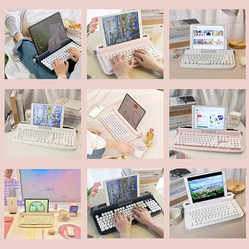 YUNZII ACTTO B303 Wireless Typewriter Keyboard, Bluetooth Connection, Cute Retro Aesthetic Design with Integrated Stand for Tablet, Phone, PC and Win/Mac/Android(B303, Baby Pink) thumbnail 9