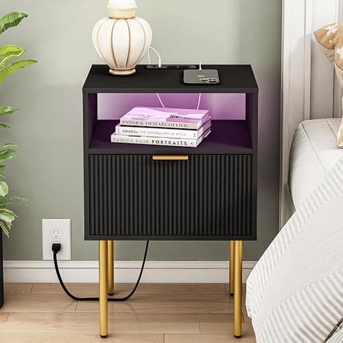 Modern Nightstand with Charging Station and LED Lights, Black Nightstand with Drawer, Fluted Nightstand for Living Room, Bedroom - Image 1