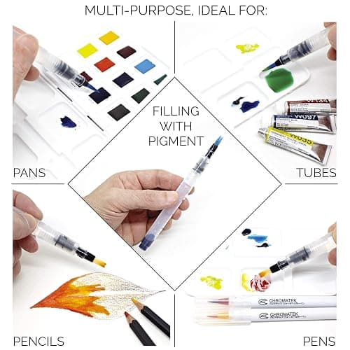 Chromatek AquaPens. Set of 6 Refillable Aqua Watercolor Brushes with Nylon Tips. Easy Water Brush Pens for Painting. Blending & Calligraphy. Includes Online Video Tutorials & Templates thumbnail 4