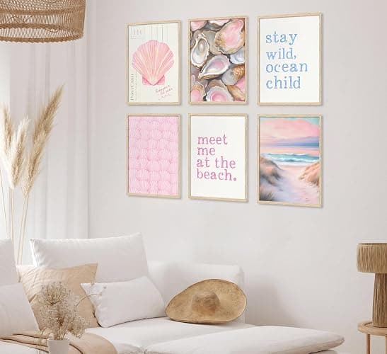 Pink Beach Preppy Wall art Coastal Granddaughter Aesthetic Room Painting Picture Wall Decor Shells Oyster Poster Print Artwork for Girls Room Girls Dorm Home Decoration thumbnail 8