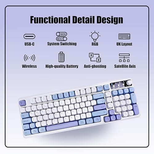 Bangsanth Wireless Keyboard, RGB Gaming Keyboard, Tri-mode BT5.0/2.4GHz/USB-C, 99-Key Creamy, Anti-ghosting Keys, Compatible with PC, Mac, Gaming Consoles, UK Layout thumbnail 7