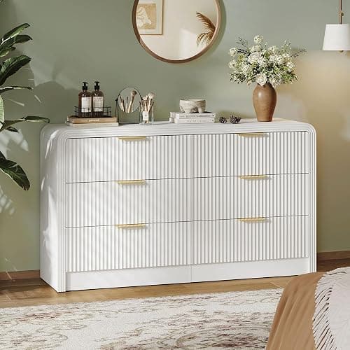 Decofy Fluted 6 Drawers Dresser for Bedroom, 55 Inch Wood Dressers with Gold Handles, Modern Dressers with Wave Texture, Large Storage Chest of Drawers, Bedroom Dresser Organizer (Pure White) - Image 1