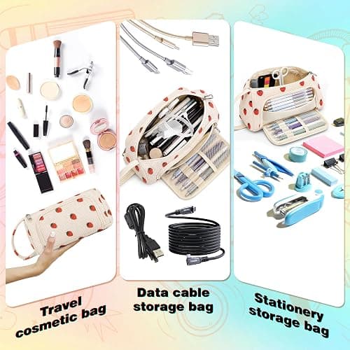 JAESITETER Big Capacity Pencil case,Soft Corduroy Pencil Bag with 3 Compartment Pouch Bag for School Supplies Office for Teen Girls Boys Women Man (Strawberry) thumbnail 9