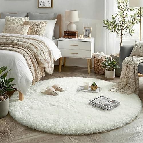 Amdrebio Ivory White Round Rug 4Ft for Kids Bedroom Aesthetic, Fluffy Fuzzy Furry Circle Area Rugs for Living Room Decor, Circular Plush Soft Shaggy Cream Carpet for Baby Nursery Dorm Teen Girls Boys thumbnail 2