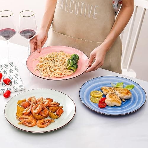 KitchenTour Large Ceramic Dinner Plates, 10 Inch Porcelain Serving Plate for Salad, Dessert Pizza Steak Pasta Plates Set, Dishwasher and Microwave Safe - Set of 6, Assorted Warm Colors thumbnail 4