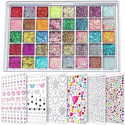 FANDAMEI Face Glitter Face Gems, 40 Colors Glitter Gel Palette with 6 Sheets Self Adhesive Hair Gems, Face Jewels for Women. Face Rhinestones Pearls for Women, Body Hair Glitter - Image 1