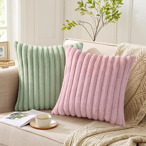 Pallene Faux Fur Decorative Throw Pillow Covers 18x18 Set of 2, Blush Pink | Luxury Plush Texture, Striped Design, Cozy Soft Touch, Modern Home Accent Decor for Couch, Sofa, Bed, Living Room thumbnail 5