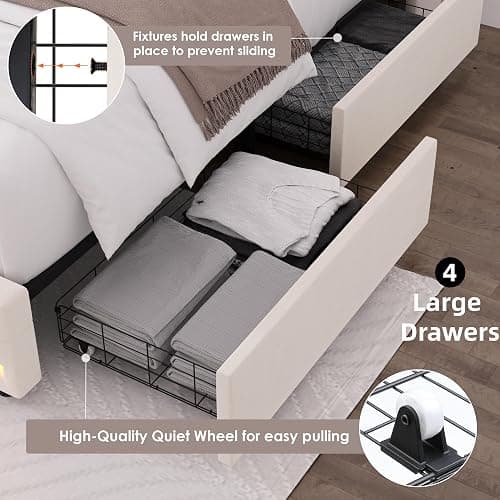 HIFIT King LED Bed Frame with Charging Station and 4 Storage Drawers, Velvet Upholstered Platform Bed with Handcrafted Crystal Button Wingback Headboard, Metal Frame with No Box Spring Needed, Beige thumbnail 7