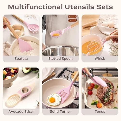 Astercook Kitchen Utensils set, 39 PCS Silicone Cooking Utensils Set with Wooden Handle, 446°F Heat Resistant Food Grade Utensil Sets, BPA Free Kitchen Gadgets Tools Set for Nonstick Cookware (Pink) thumbnail 5