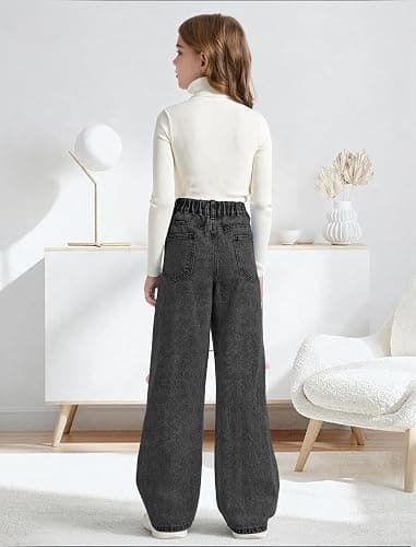 Peakpride Baggy Jeans for Girls Wide Leg High Elastic Waisted Cute Bow Denim Y2k Pant Trendy Boyfriend Skater Streetwear thumbnail 3