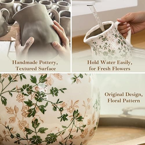 Ceramic Green and White Floral Vase with Handle, Rustic Farmhouse Pitcher Flower Vase, Chinoiserie Floral Vase for Home Decor, Living Room, Shelf, Office, Rustic Table Centerpiece 8 Inch thumbnail 4